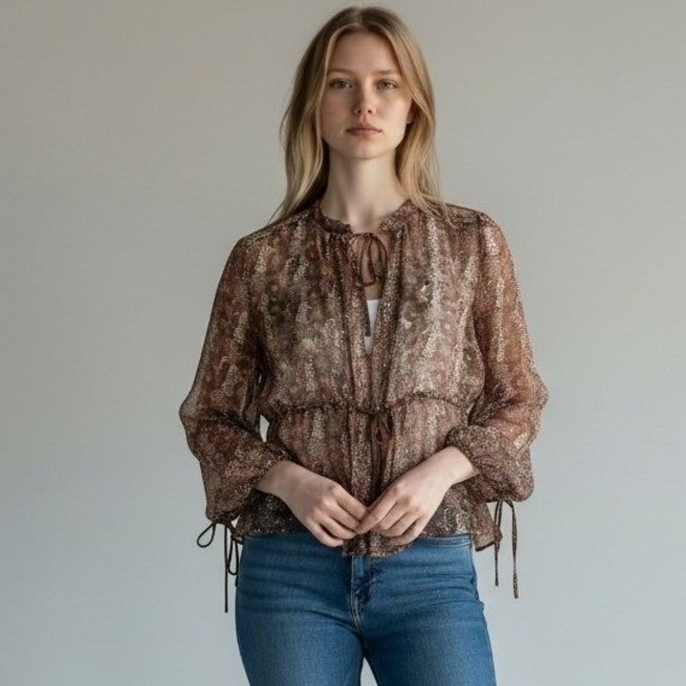 Sheer Silk Top Preppy Y2K Indie Fairy Geometric Pattern Brown Rory Gilmore M